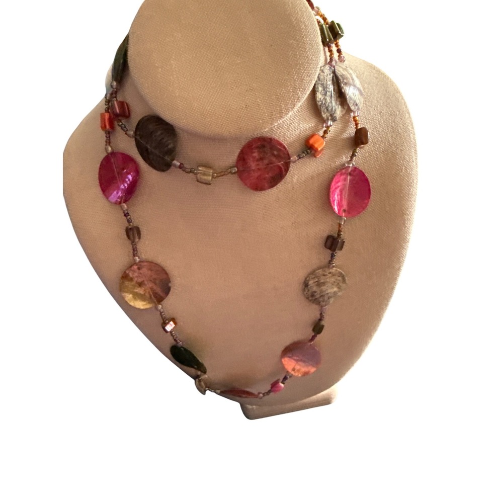 Multicolor Shell and Glass Bead Long Statement Necklace Boho Layering Strand